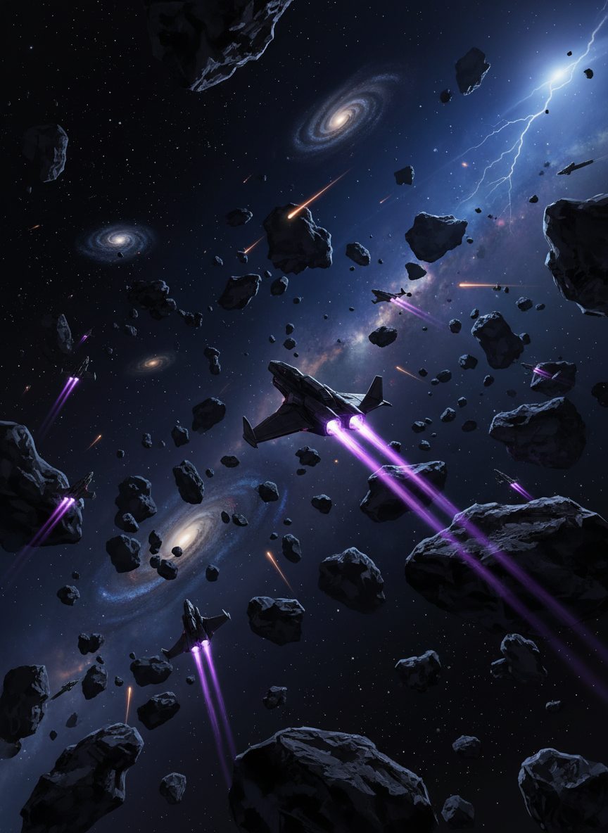 A dynamic battle scene featuring sleek, midnight-black space fighters with iridescent violet engine trails, weaving between jagged, obsidian-hued asteroid fields. The setting is a vast, starless cosmos punctuated by faint galaxies and swirling gas clouds. Cold, environmental lighting from distant cosmic storms creates sharp contrasts and dramatic highlights along ship edges, with pockets of deep shadow accentuating the chaos. The atmosphere is tense and action-packed, instilling a sense of impending conflict. Captured from a slightly elevated, panoramic angle, the composition leverages asymmetrical balance and shallow depth of field to focus attention on the lead fighter. The dark-themed digital-art style emphasizes rich blacks and glowing accents, immersing viewers in a mysterious and energetic sci-fi world.