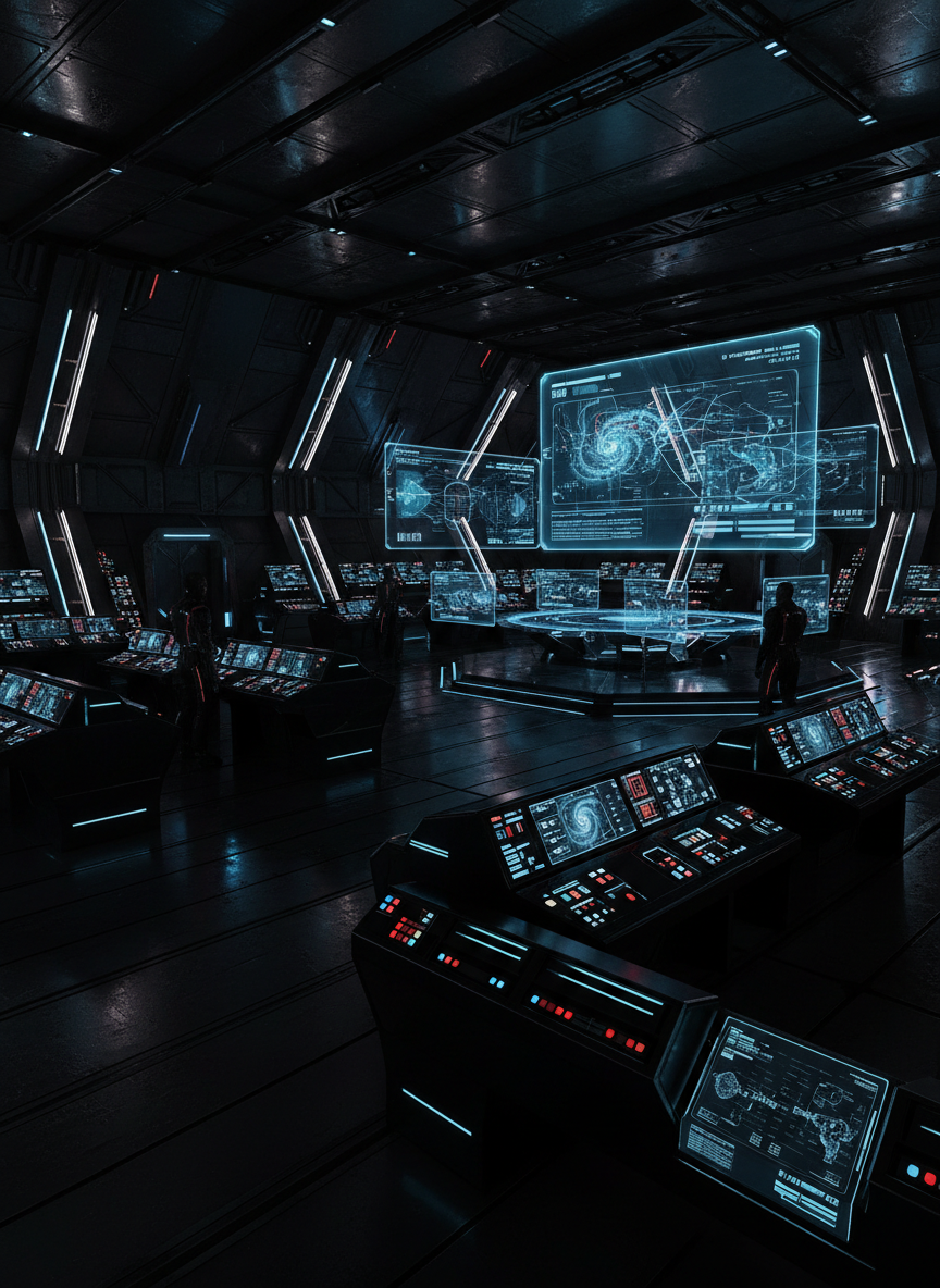 An imposing command center interior onboard a flagship vessel, featuring dark alloy bulkheads and glossy, angular control consoles bathed in faint, pulsing red and blue status lights. Translucent screens display strategic star maps and resource bars, casting ethereal colored reflections onto the steel floor. The lighting is primarily indirect, with dramatic accent illumination accentuating textures and geometric forms, shrouding much of the environment in rich shadow and mystery. The tone is one of calculated intensity and futuristic sophistication. The scene is composed from a wide, slightly off-center angle, emphasizing the vastness and complexity of the control room. The digital-art execution heightens the contrast and deepens shadows, amplifying the sense of immersive, tactical drama.