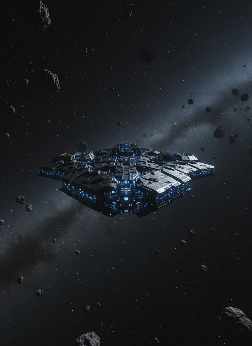 A colossal, futuristic warship forged from matte black metal plating and intricate glowing cobalt blue circuits, adrift amidst a dark interstellar nebula. Asteroid debris and distant, luminous star clusters form a haunting backdrop. The warship is dramatically lit by ambient blue glow from its hull and subtle rim lighting from starlight, casting deep, mysterious shadows all around. The mood is intense and captivating, evoking the cold majesty of space. Framed in a cinematic wide-angle shot at eye level, the ship commands center focus with sharp detail against a soft, misty cosmic background. The digital-art style deepens shadows and adds a mysterious, epic atmosphere, perfectly capturing the game's dark, strategic tone.