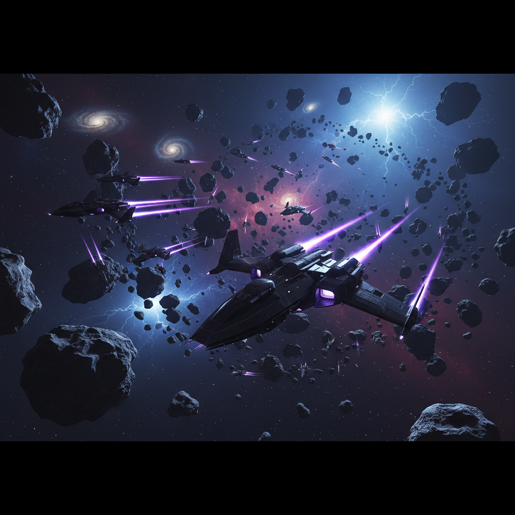 A dynamic battle scene featuring sleek, midnight-black space fighters with iridescent violet engine trails, weaving between jagged, obsidian-hued asteroid fields. The setting is a vast, starless cosmos punctuated by faint galaxies and swirling gas clouds. Cold, environmental lighting from distant cosmic storms creates sharp contrasts and dramatic highlights along ship edges, with pockets of deep shadow accentuating the chaos. The atmosphere is tense and action-packed, instilling a sense of impending conflict. Captured from a slightly elevated, panoramic angle, the composition leverages asymmetrical balance and shallow depth of field to focus attention on the lead fighter. The dark-themed digital-art style emphasizes rich blacks and glowing accents, immersing viewers in a mysterious and energetic sci-fi world.