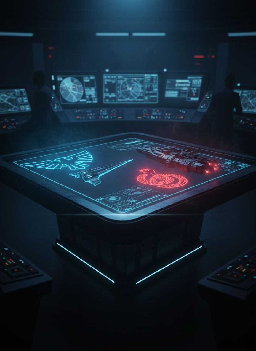 A mysterious, digital holographic display table showcasing detailed three-dimensional models of rival space factions' heraldic emblems and their distinct warships, all rendered in dark metallic tones with vivid neon edge lighting. The table sits within a shadow-laden command bridge, with illuminated navigation screens casting cold, blue ambient light that sculpts subtle highlights across surfaces. The ambiance is enigmatic and high-tech, suggesting advanced strategy. Viewed from a low, three-quarter perspective, the composition reinforces depth through layered elements and a sharp focus on the glowing models, with the rest of the console fading into shadow. The digital-art style brings out atmospheric lighting and deep contrast, embodying the game’s strategic and futuristic essence.