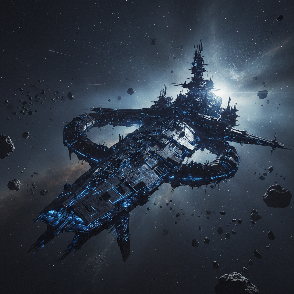 A colossal, futuristic warship forged from matte black metal plating and intricate glowing cobalt blue circuits, adrift amidst a dark interstellar nebula. Asteroid debris and distant, luminous star clusters form a haunting backdrop. The warship is dramatically lit by ambient blue glow from its hull and subtle rim lighting from starlight, casting deep, mysterious shadows all around. The mood is intense and captivating, evoking the cold majesty of space. Framed in a cinematic wide-angle shot at eye level, the ship commands center focus with sharp detail against a soft, misty cosmic background. The digital-art style deepens shadows and adds a mysterious, epic atmosphere, perfectly capturing the game's dark, strategic tone.